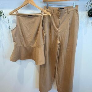 ASOS DESIGN Beige Peplum Top & Wide Leg Trouser Set (US 6)